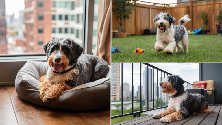 A Mini Australian Labradoodle relaxing in an apartment and playing in a spacious backyard, showcasing its adaptability.