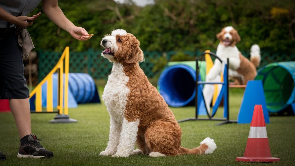 A Mini Australian Labradoodle attentively following training commands in a dog training area with agility equipment.
