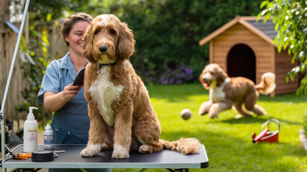 Owner grooming a double doodle with another playing in a yard.