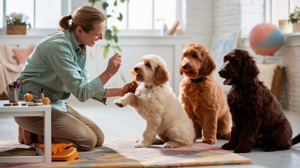 Trainer teaching double doodle puppies commands with treats.