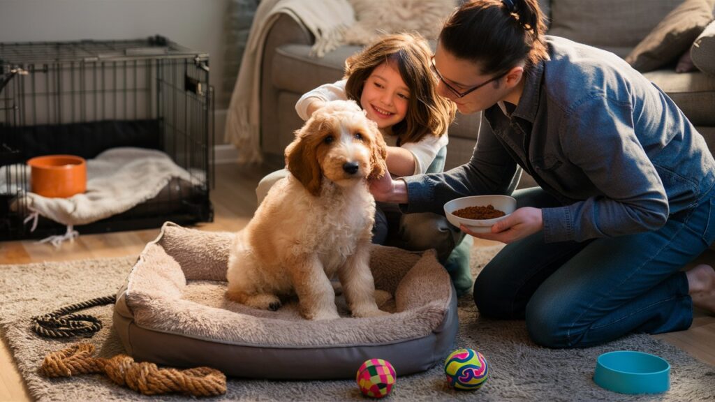 Family bonding with a new double doodle puppy in a cozy home.