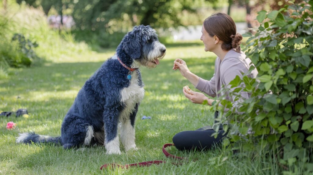  A Blue Heeler Doodle sitting attentively during training in a sunny park, focusing on its owner’s commands.