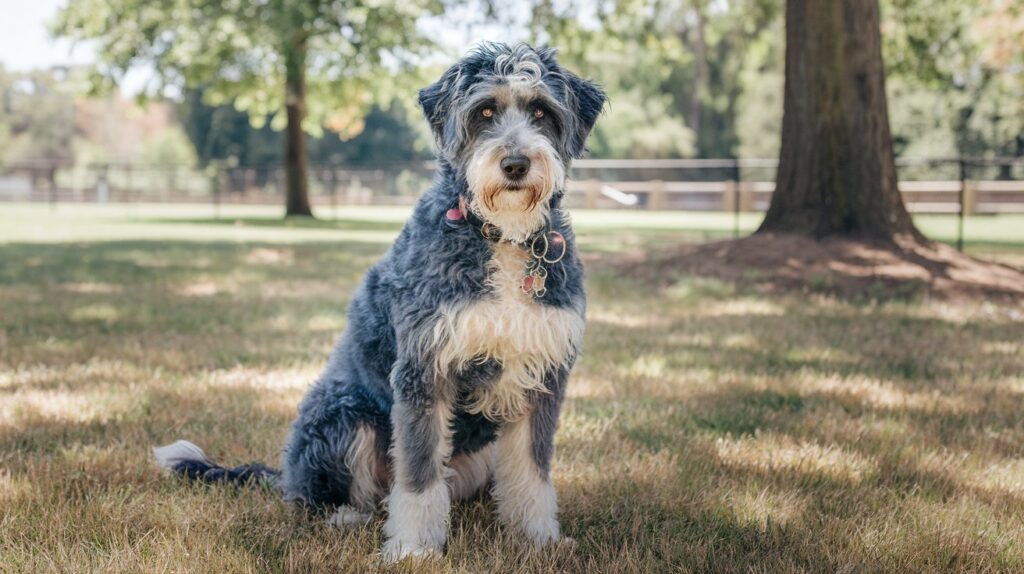 A playful Blue Heeler Doodle with a curly blue-gray and white coat exploring a sunny backyard.