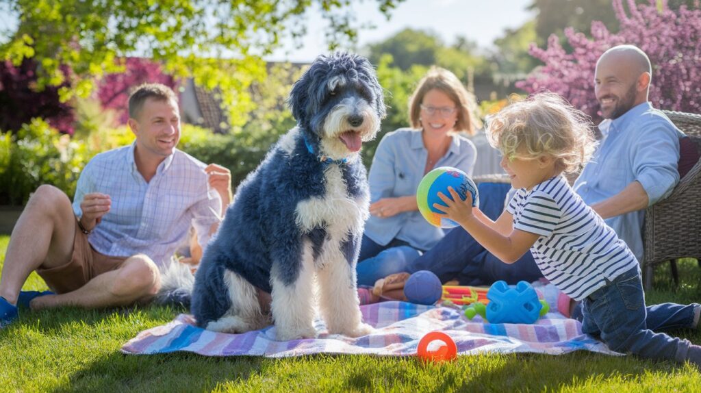  A Blue Heeler Doodle happily playing with a family in a backyard, highlighting its role in family life.