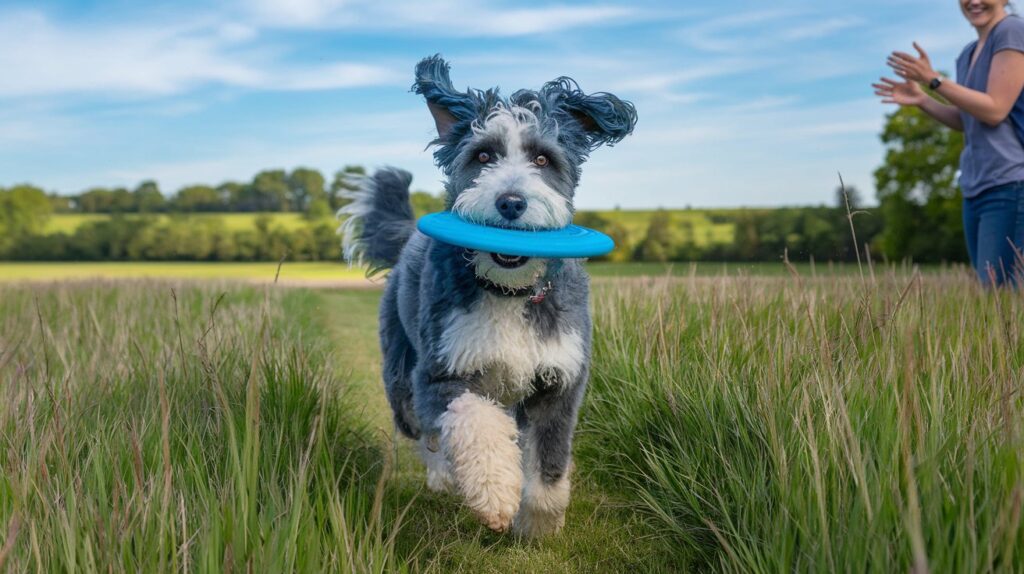 An active Blue Heeler Doodle running through a field with a frisbee, enjoying outdoor exercise.