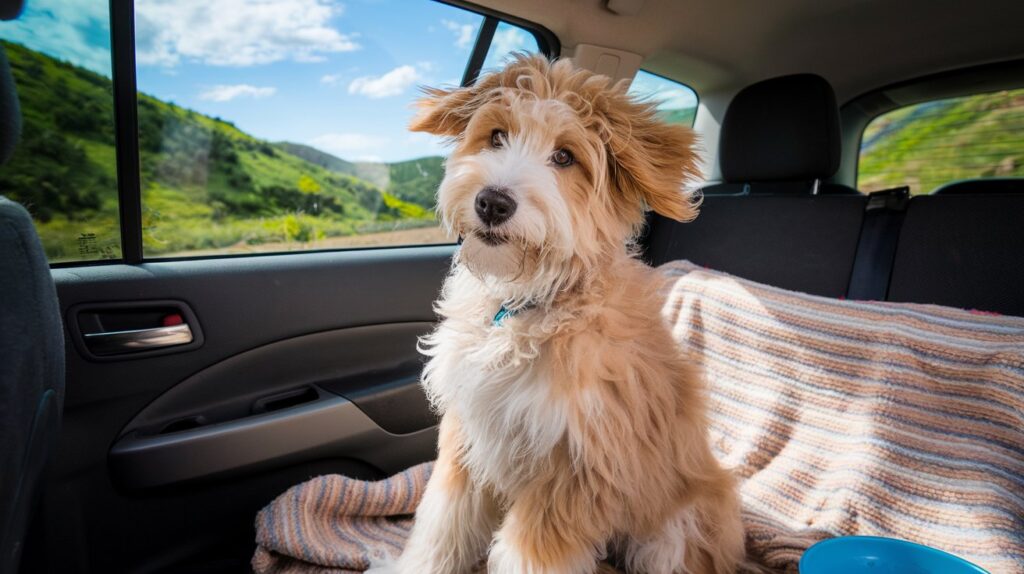 Double Doodle happily traveling in the backseat of a car.