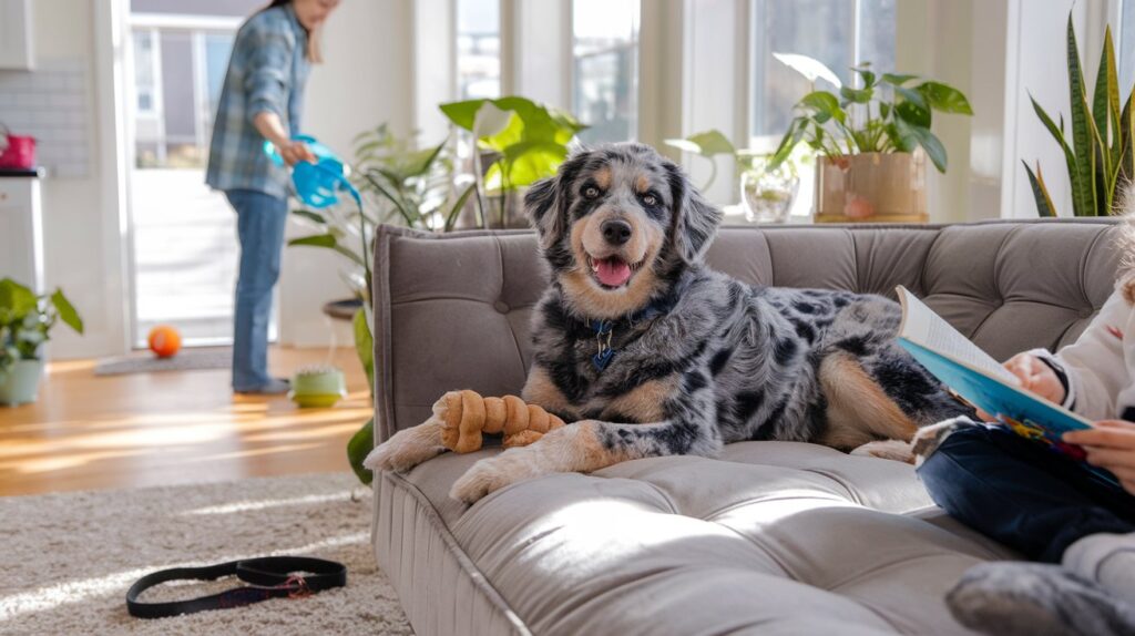 Australian Cattle Doodle relaxing with family indoors.