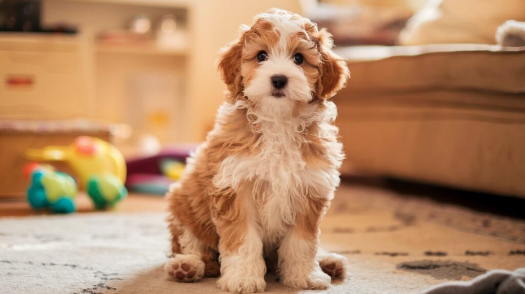 Cute Double Doodle puppy sitting on a cozy rug indoors.