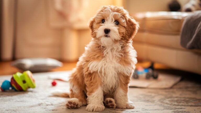 Cute Double Doodle puppy sitting on a cozy rug indoors.