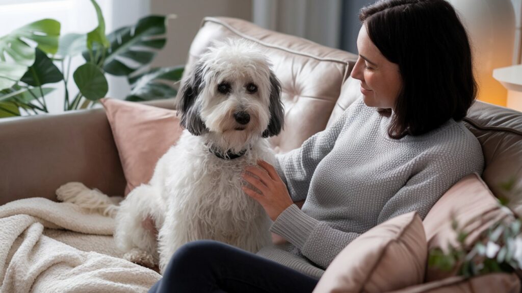 Cattle doodle dog sitting calmly next to its owner on a sofa, with both surrounded by a peaceful, soothing environment.