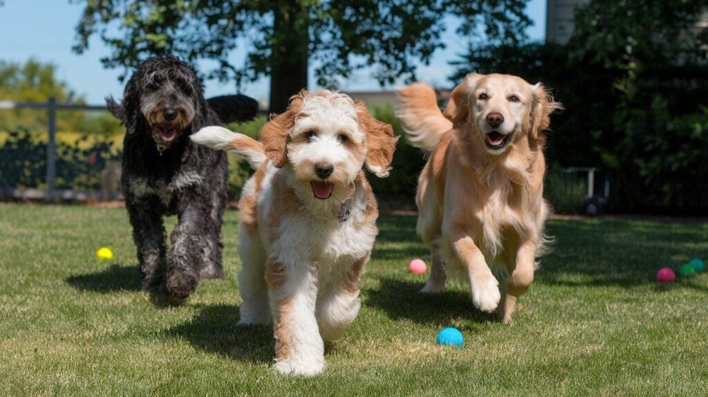 Double Doodle puppy playing with Labradoodle and Golden Retriever.