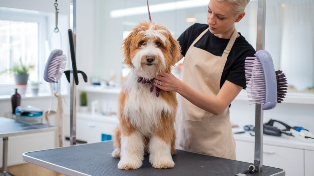 Groomer brushing a cattle doodle dog's fluffy coat on a grooming table in a clean, professional salon.