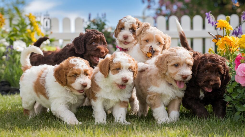 Adorable double doodle puppies playing in a sunny garden.