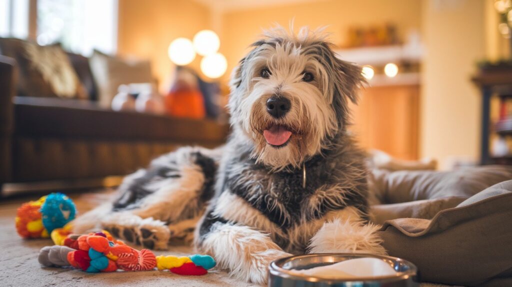 Happy cattle doodle dog lounging on a soft bed in a cozy living room, surrounded by toys and pet-friendly décor.