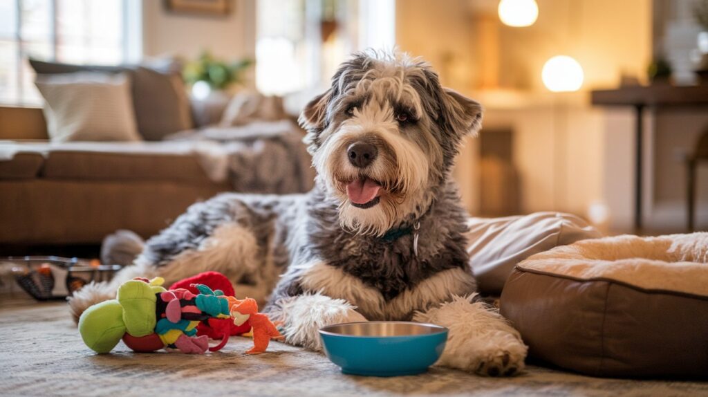 Happy cattle doodle dog lounging on a soft bed in a cozy living room, surrounded by toys and pet-friendly décor.