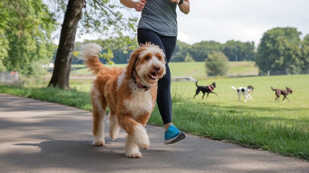 Labradoodle Double Doodle running with owner during exercise.