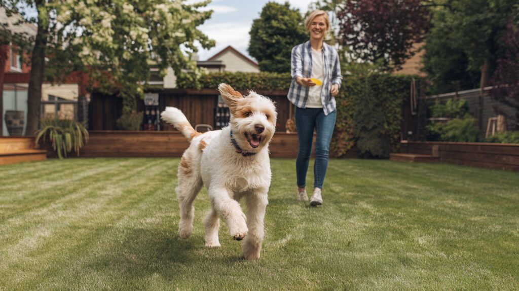 Cattle doodle dog playing in a spacious backyard with its owner, enjoying an energetic frisbee game together.