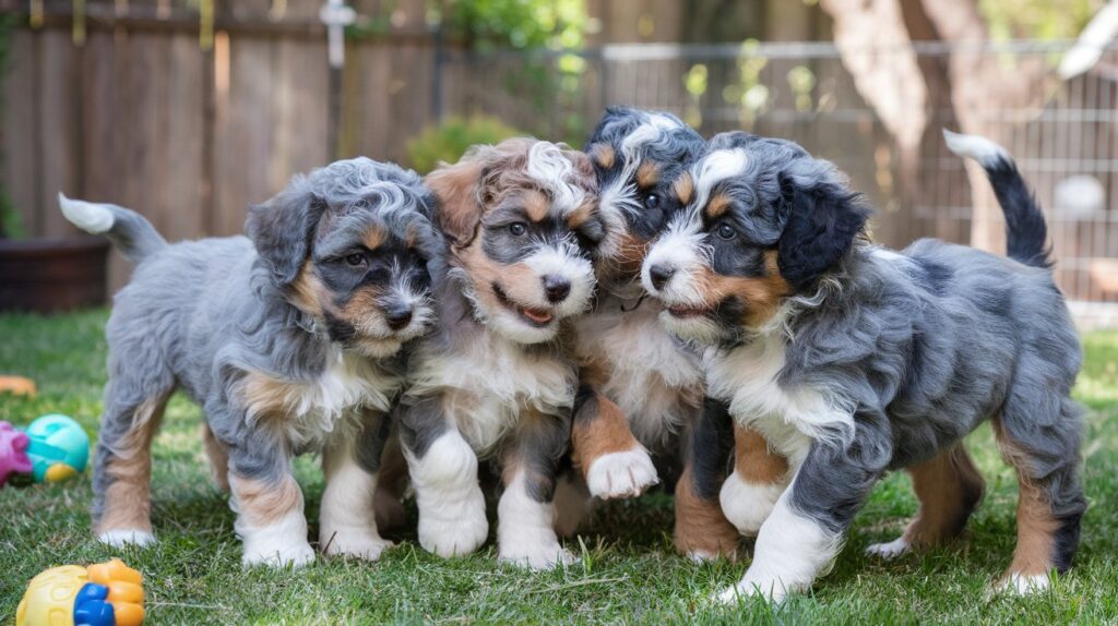 Blue Heeler Doodle puppies interacting in a grassy park, showcasing their unique markings and playful nature.