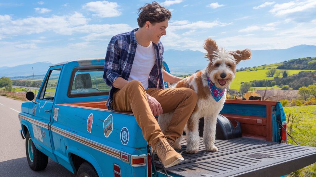 Traveler in a vintage truck with a joyful cattle doodle wearing a bandana, driving through scenic countryside.