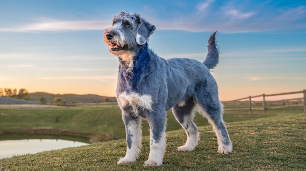 Blue-gray Australian Cattle Doodle in a scenic countryside.