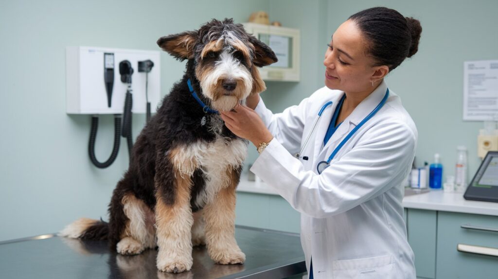 Veterinarian checking a healthy cattle doodle dog on an examination table in a clinic.