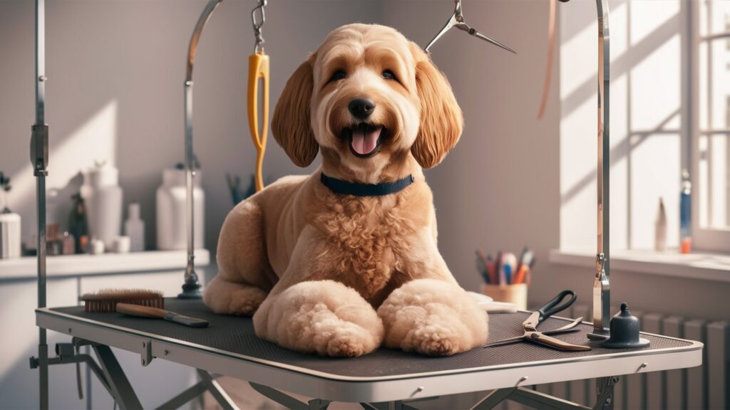 Goldendoodle sitting on a grooming table with tools, highlighting the basics of Doodles dog grooming.