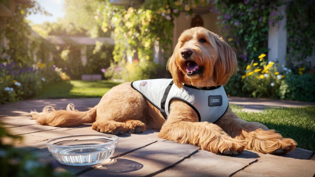 Goldendoodle wearing a cooling vest during summer, emphasizing seasonal Doodles dog grooming care.