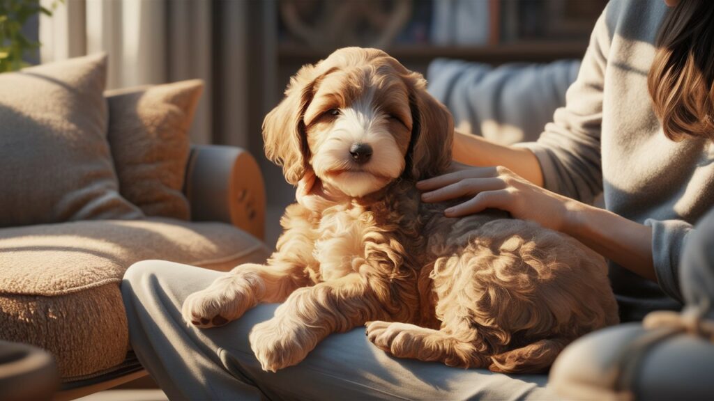 Owner bonding with a Doodle puppy during grooming, an important aspect of Doodles dog grooming.