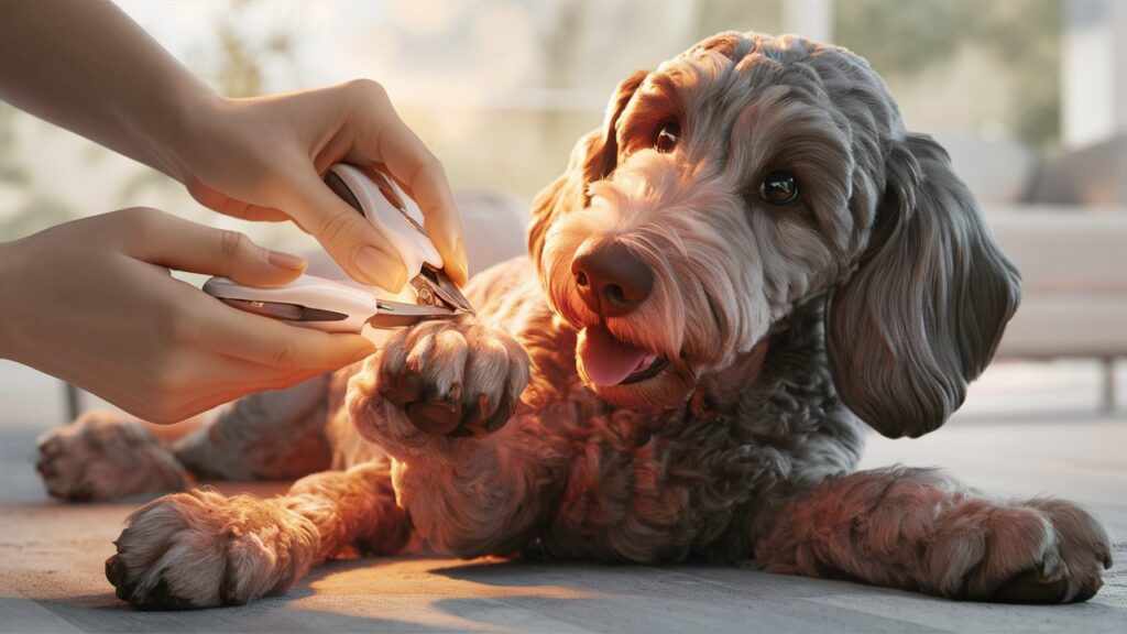 Trimming a Doodle's nails safely using pet-friendly clippers, an essential part of Doodles dog grooming.