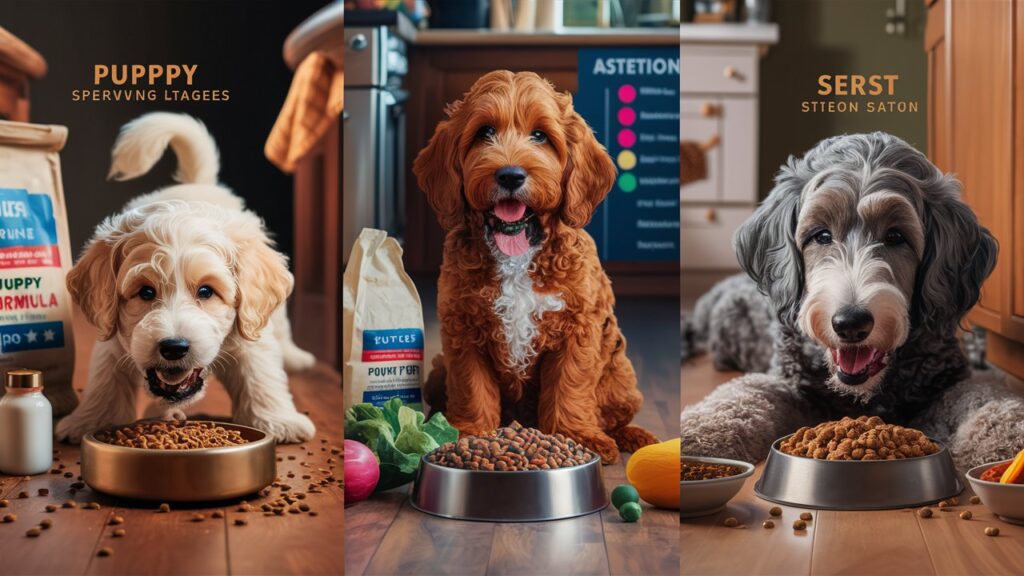 Puppy, adult, and senior double doodles with tailored food bowls.