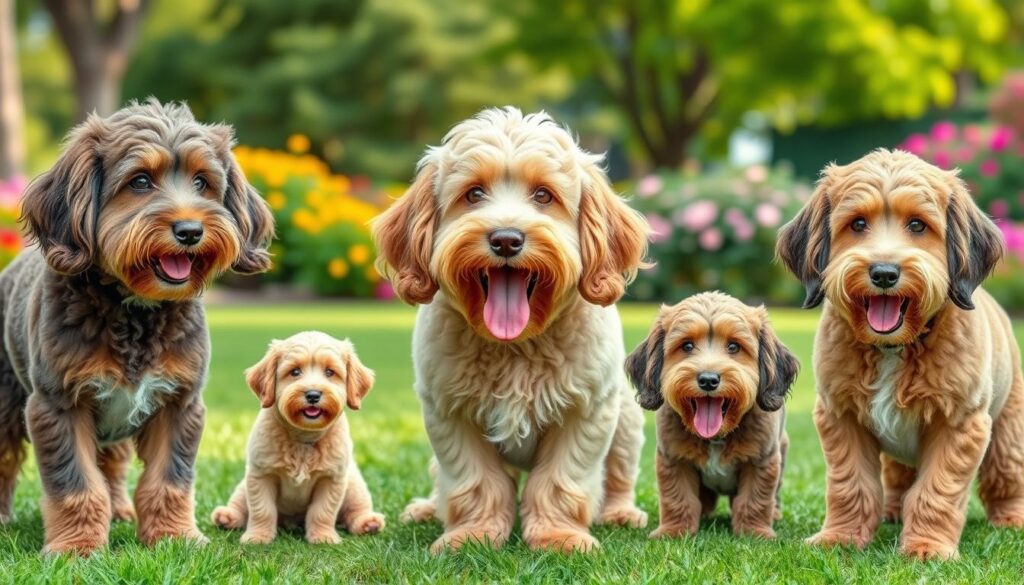 Collage of Australian Doodle dogs showing signs of ear infections, skin issues, and dental problems in a vibrant park with greenery and flowers.