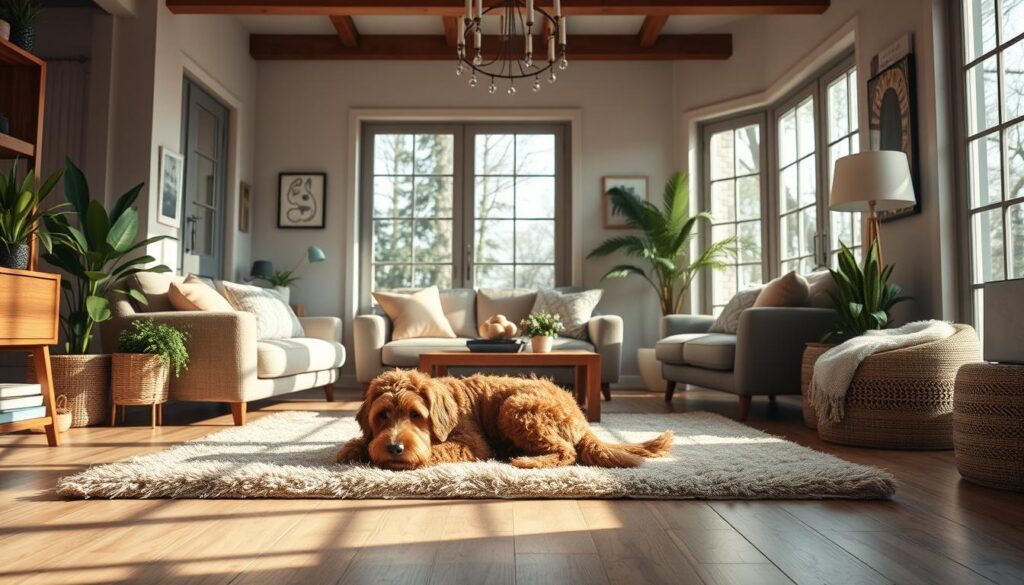 Australian Doodle dog lounging on a plush rug in a cozy living room with stylish furniture, plants, and natural light.