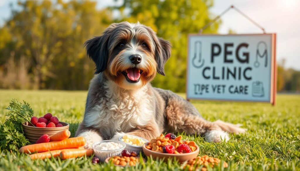 Cheerful Double Doodle dog on grass with healthy food, a vet clinic sign, and care items in the background.