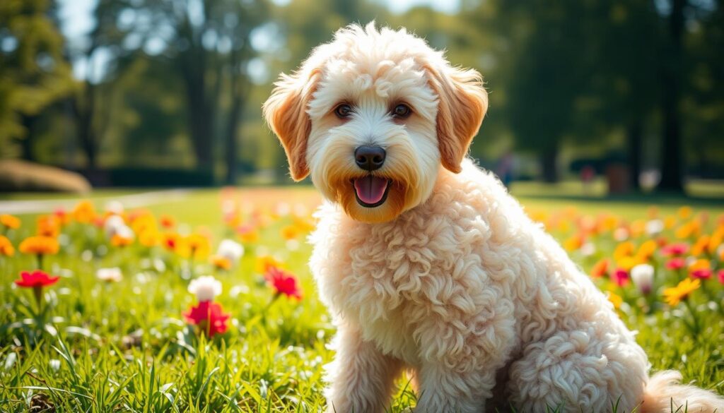 A friendly Australian Doodle dog sitting in a sunny park.