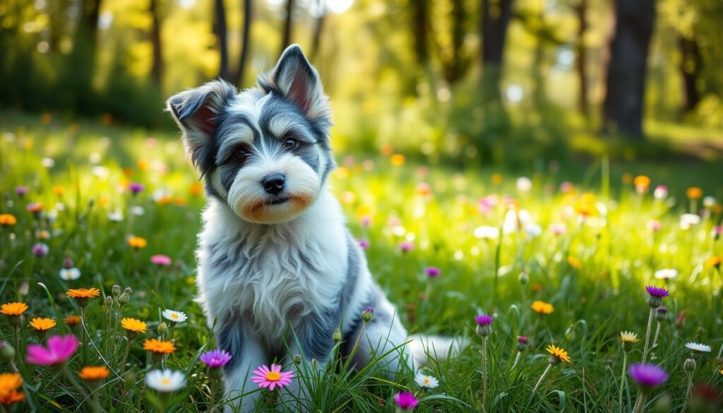 Australian Cattle Dog Doodle with a fluffy blue and white coat, sitting in a green meadow with wildflowers, displaying an alert expression.