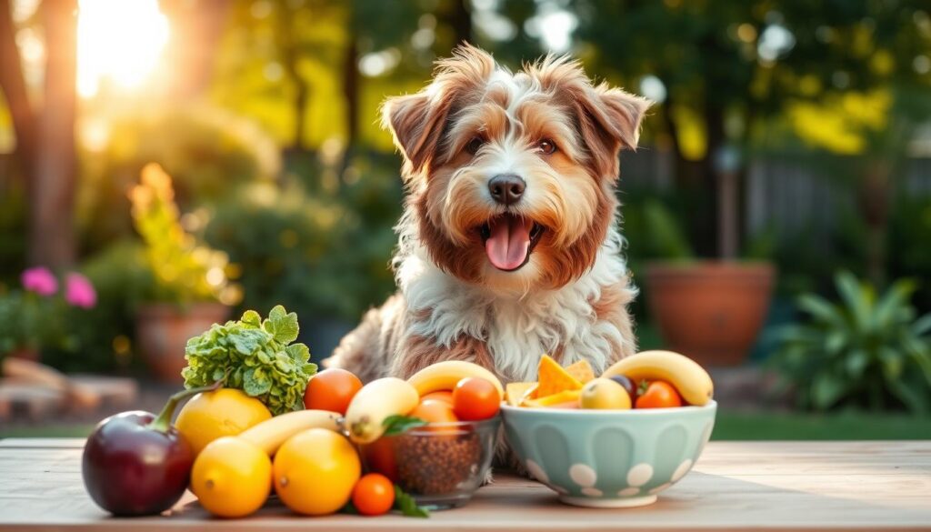 Australian Cattle Dog Golden Doodle mix sitting beside a colorful bowl of fresh fruits and vegetables in a sunlit garden, showcasing health and vitality.