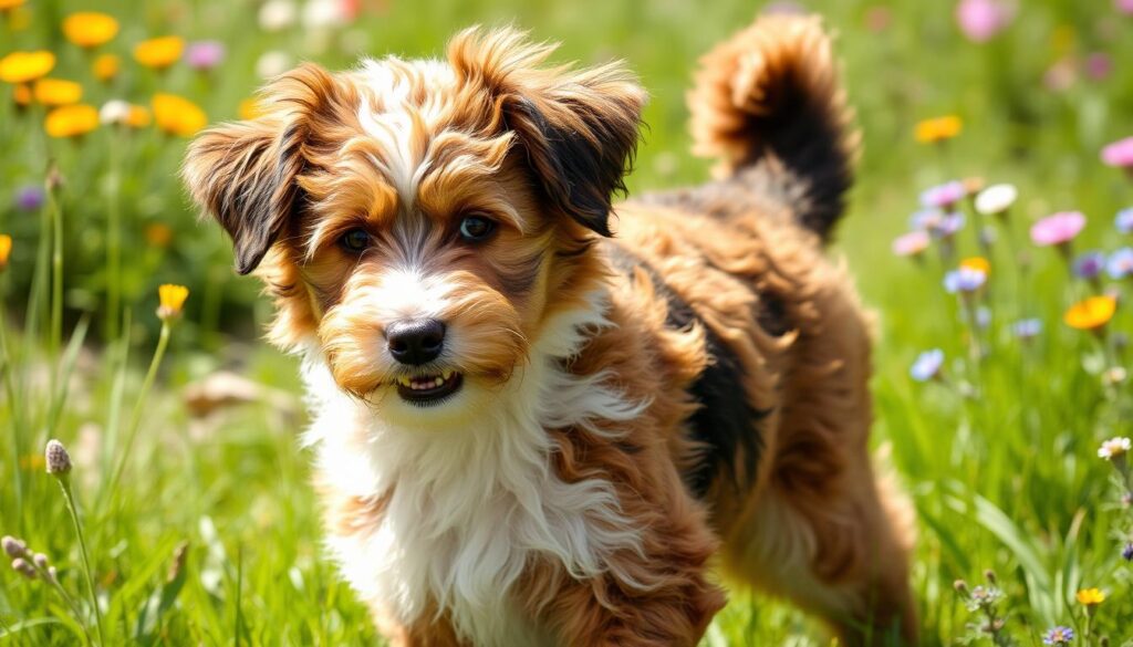 Playful Australian Cattle Dog Golden Doodle mix with a fluffy, curly brown, cream, and black coat, surrounded by green grass and wildflowers, showcasing an energetic and friendly demeanor.