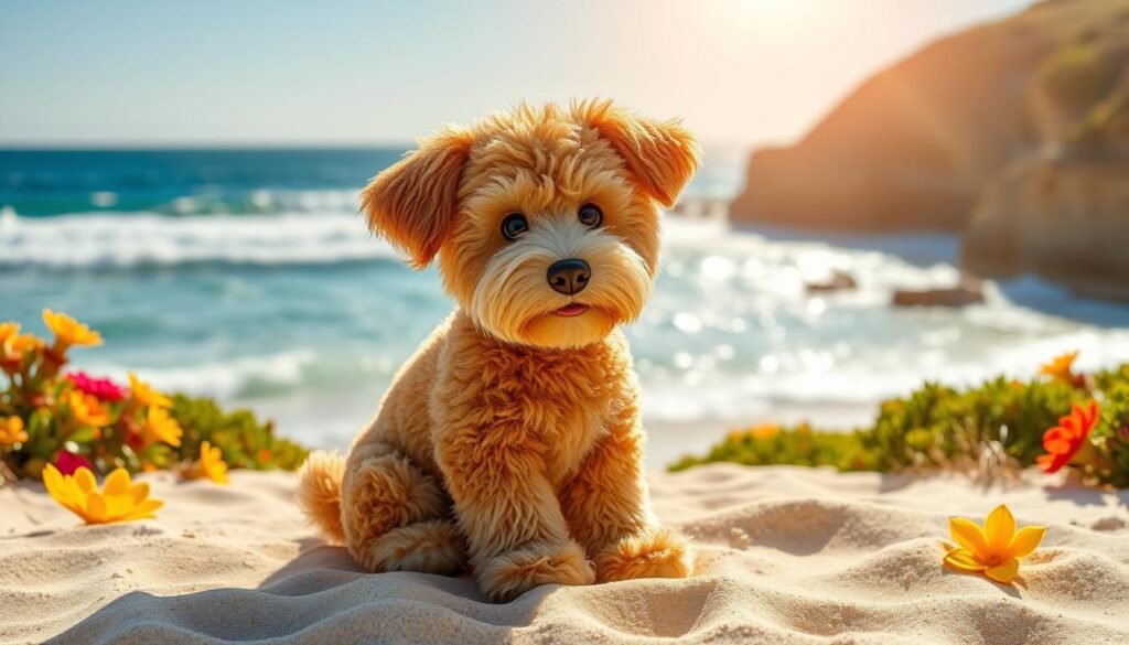 Jellycat Cooper Doodle Dog on a sandy Australian beach, with coastal flora, sparkling ocean, and clear blue sky.