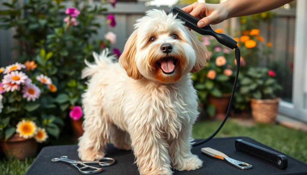 Australian Doodle Dog being groomed in a lush backyard, surrounded by grooming tools and vibrant greenery.