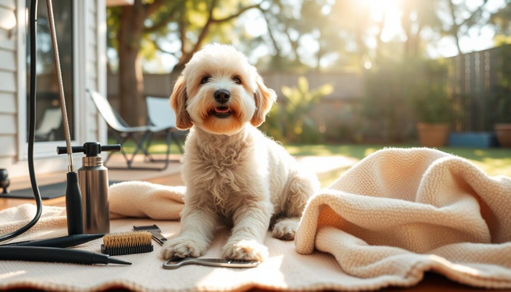 Australian Sheep Dog Doodle in a sunny backyard with grooming tools and a cozy blanket.