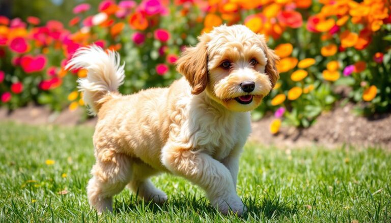 Fluffy Double Doodle dog with a wavy coat frolicking in a sunny park surrounded by vibrant flowers and green grass.