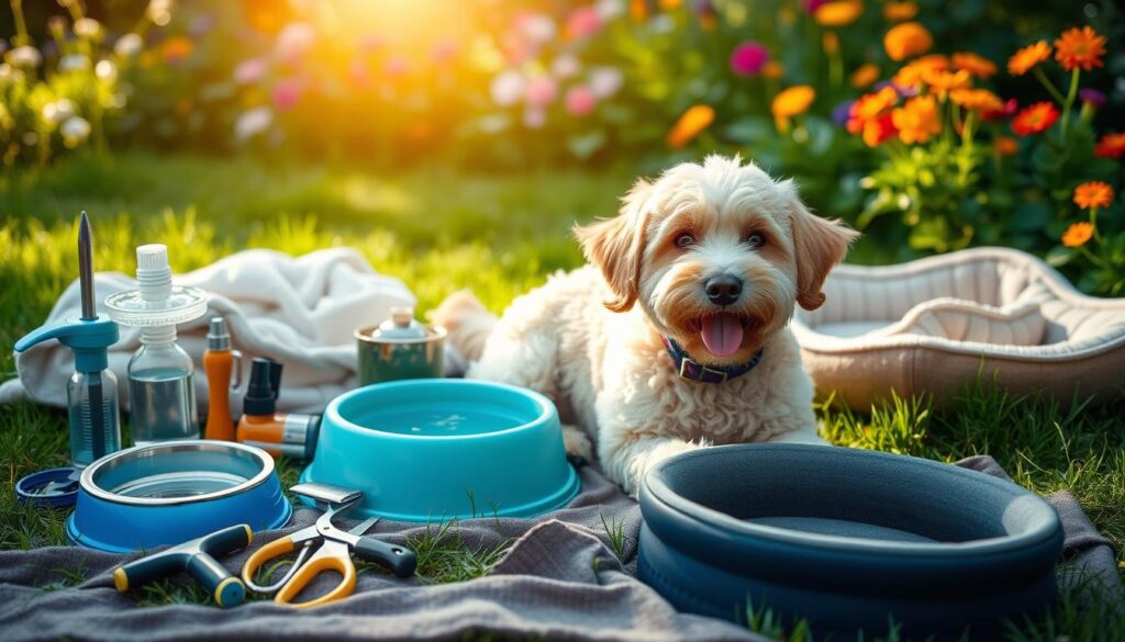 Playful Double Doodle dog outdoors with grooming tools, a water bowl, and a cozy bed on lush green grass.