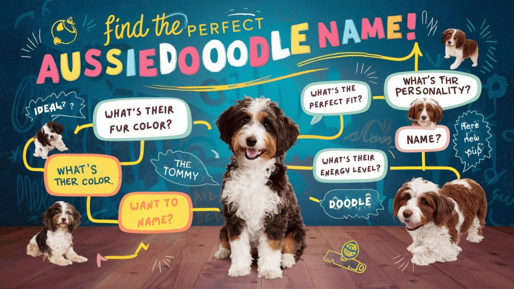 Flowchart titled 'Find the Perfect Aussie Doodle Name' with questions and name suggestions based on traits.