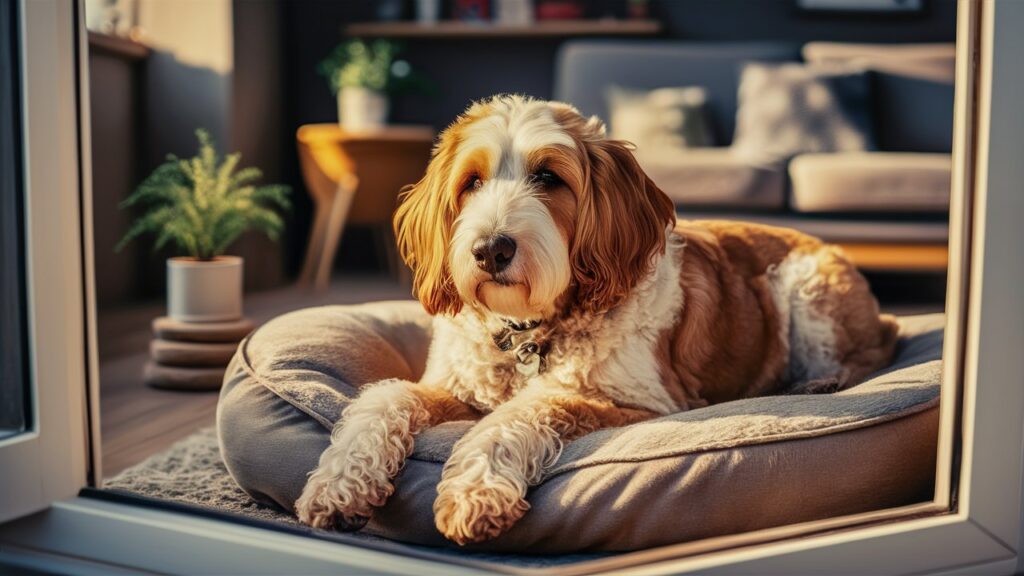 Chicka Doodle Dog resting in a cozy apartment living room.