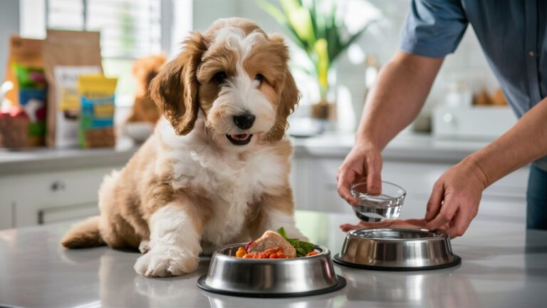 Double doodle puppy excited for a healthy meal of dog food and veggies.