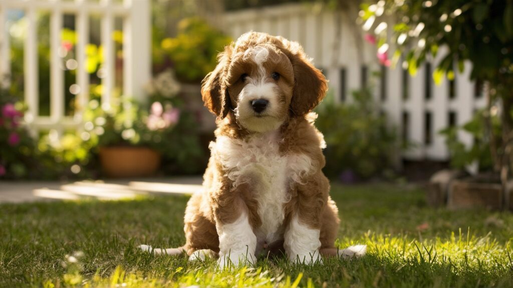 A fluffy Double Doodle puppy sitting in a sunny backyard, looking curious and playful with its wavy coat shining in the sunlight.