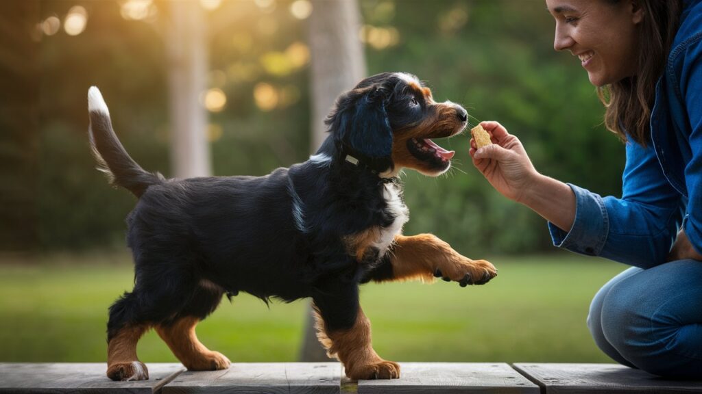 Blue Heeler Doodle puppy being rewarded with a treat during training.