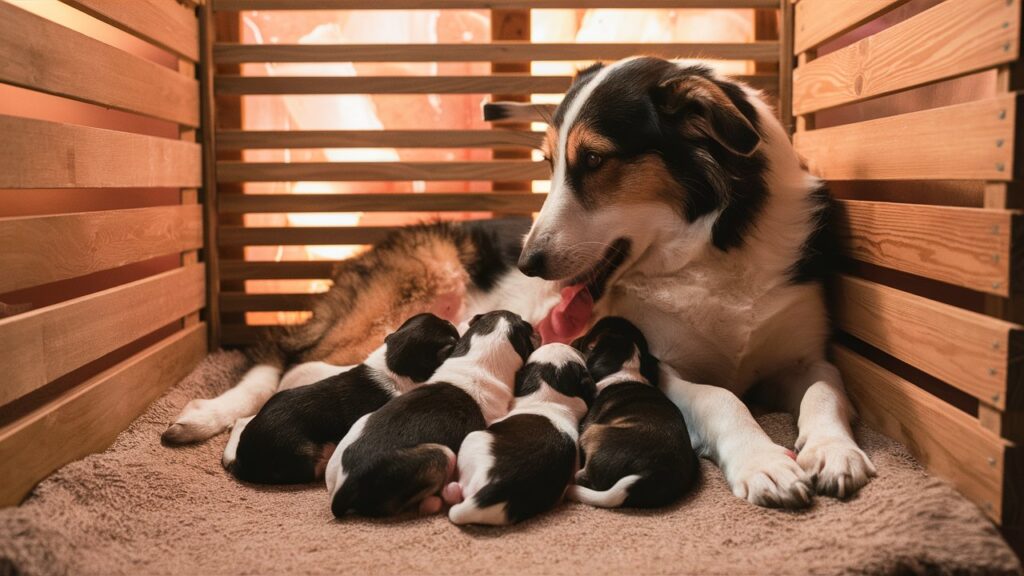 A clean and cozy whelping box setup with soft blankets, a heating pad, and a Mini Bernedoodle mother and her newborn puppies.