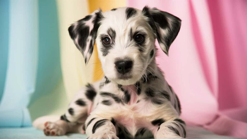 A small Mini Dalmadoodle puppy sits attentively, its large eyes looking upward.