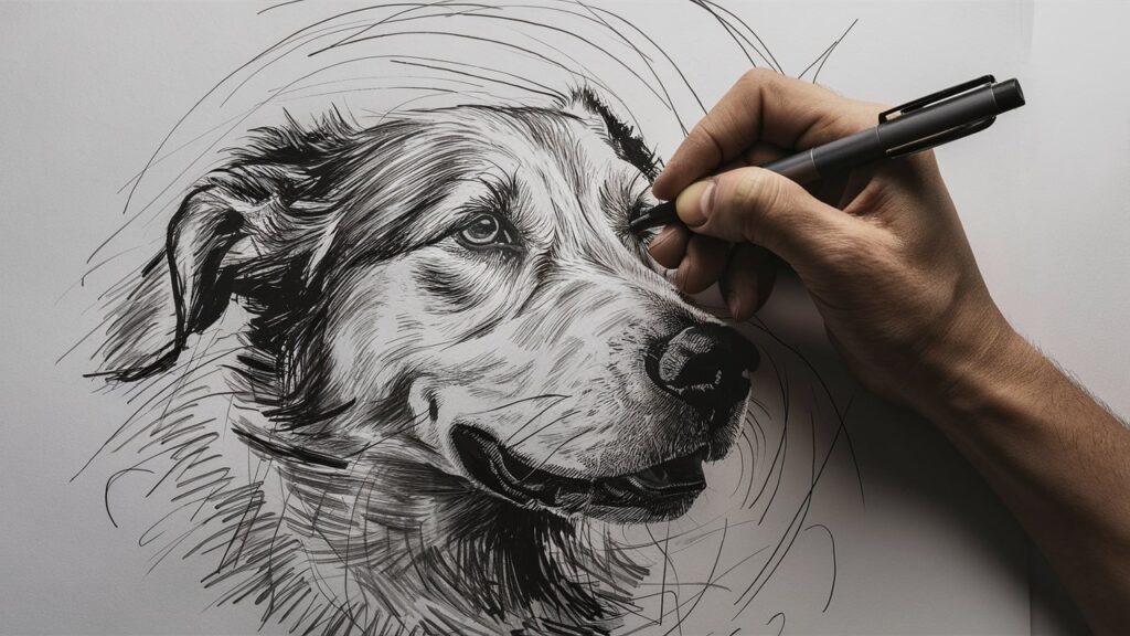 A hand sketching a dog's head, demonstrating different line weights and styles.